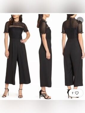 Chelsea28 Black Lace-Detail Wide-Leg Cropped Jumpsuit